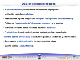 UBB en escenario nacional

• Autofinanciamiento; dependencia de aranceles de pregrado.

• Institución hacia la complejidad.

• Restricciones legales a la gestión (competir como privado y control estatal).

• Política de “apalancamiento” de recurso externos, vía proyectos.

• Matrícula creciente; como resultado de menor deserción.

• Productividad, incentivos individuales y colectivos (van a resultado).

•Tamaño óptimo Universidad; estructura de personal académico y administrativo.

• Se evidencia profesionalización de áreas administrativas.

• Cuenta pública (Accountability).
 