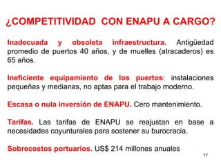 ¿COMPETITIVIDAD CON ENAPU A CARGO?

Inadecuada y obsoleta infraestructura. Antigüedad
promedio de puertos 40 años, y de muelles (atracaderos) es
65 años.

Ineficiente equipamiento de los puertos: instalaciones
pequeñas y medianas, no aptas para el trabajo moderno.

Escasa o nula inversión de ENAPU. Cero mantenimiento.

Tarifas. Las tarifas de ENAPU se reajustan en base a
necesidades coyunturales para sostener su burocracia.

Sobrecostos portuarios. US$ 214 millones anuales
                                                        17
 