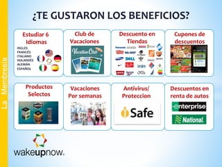 Cupones de
descuentos
Club de
Vacaciones
Vacaciones
Por semanas
Estudiar 6
Idiomas
Descuento en
Tiendas
Antivirus/
Proteccion
INGLES
FRANCÉS
ITALIANO
HOLANDÉS
ALEMÁN
ESPAÑOL
Descuentos en
renta de autos
Productos
Selectos
¿TE GUSTARON LOS BENEFICIOS?
LaMembresía
 