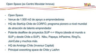 Open Space (ex Centro Movistar Innova)

-  Open Space
-  Venue de 1.500 m2 de apoyo a emprendedores
-  HQ de StartUp Chile de CORFO, programa pionero a nivel mundial
de atracción de talento emprendedor
-  Potente dealflow de proyectos SUP <-> Wayra (desde el mundo a
SUP y desde Chile a SUP). Nibu, Papaya, InPactme, RingTu,
JoinCube y muchos más.
-  HQ de Amérigo Chile (Inversur Capital)
-  Principal coworking space de Chile y LatAm

 