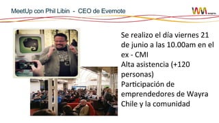 MeetUp con Phil Libin - CEO de Evernote

Se	
  realizo	
  el	
  día	
  viernes	
  21	
  
de	
  junio	
  a	
  las	
  10.00am	
  en	
  el	
  	
  
ex	
  -­‐	
  CMI	
  
Alta	
  asistencia	
  (+120	
  
personas)	
  	
  
Par6cipación	
  de	
  
emprendedores	
  de	
  Wayra	
  
Chile	
  y	
  la	
  comunidad	
  
	
  

 
