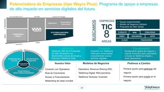BUSCAMOS

Potenciadora de Empresas (tipo Wayra Plus): Programa de apoyo a empresas
de alto impacto en servicios digitales del futuro.

COWORKING
SPACE

TIC

8

AREAS
Conexión

Validación

Validación 360°de la Propuesta
de Valor (Empresa) con
Stakeholders claves del Grupo y
Directorio Telefónica Chile.

Nuestro Valor

EMPRESAS

Conexión con Telefónica
Chile para comercializar
conjuntamente nuevos
servicios digitales.

Modelos de Negocios

ü  Equipo experimentado
ü  Modelo de Negocios Validado
ü  Propuesta de Valor Global
E-HEALTH

PUBLICIDAD

M2M

VIDEO

SEGURIDAD

CLOUD

APPS

FINANCIEROS

Escalamiento

Escalamiento global del negocio y
soporte financiero para crecimiento
a través de Telefónica Digital u
otras Operadoras.

Pedimos a Cambio

Conexión con Operadora

Operadora: Revenue Sharing (RS)

Primera opción para participar del

Ruta de Crecimiento

Telefónica Digital: RS/Licen/otros

negocio

Acceso a Financiamiento

Telefónica Ventures: Inversión

Primera opción para invertir en el
negocio

Networking de clase mundial
47

 