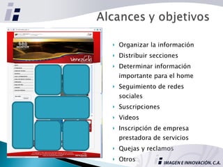 Organizar la información Distribuir secciones Determinar información importante para el home Seguimiento de redes sociales Suscripciones Videos  Inscripción de empresa prestadora de servicios Quejas y reclamos Otros 