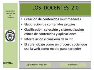 LOS  DOCENTES  2.0Creación de contenidos multimedialesElaboración de contenidos propiosClasificación, selección y sistematización crítica de contenidos y aplicacionesInterrelación y conexión de la Inf.El aprendizaje como un proceso social que usa la web como medio para aprender