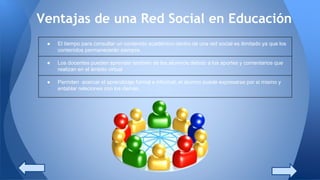 Ventajas de una Red Social en Educación
● El tiempo para consultar un contenido académico dentro de una red social es ilimitado ya que los
contenidos permanecerán siempre.
● Los docentes pueden aprender también de los alumnos debido a los aportes y comentarios que
realizan en el ámbito virtual
● Permiten acercar el aprendizaje formal e informal, el alumno puede expresarse por si mismo y
entablar relaciones con los demás.
 