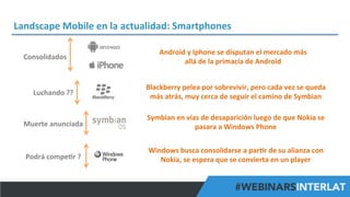 Landscape	
  Mobile	
  en	
  la	
  actualidad:	
  Smartphones	
  
Consolidados	
  

Android	
  y	
  Iphone	
  se	
  disputan	
  el	
  mercado	
  más	
  
allá	
  de	
  la	
  primacía	
  de	
  Android	
  

Luchando	
  ??	
  

Blackberry	
  pelea	
  por	
  sobrevivir,	
  pero	
  cada	
  vez	
  se	
  queda	
  
más	
  atrás,	
  muy	
  cerca	
  de	
  seguir	
  el	
  camino	
  de	
  Symbian	
  

Muerte	
  anunciada	
  

Symbian	
  en	
  vías	
  de	
  desaparición	
  luego	
  de	
  que	
  Nokia	
  se	
  
pasara	
  a	
  Windows	
  Phone	
  

Podrá	
  compe^r	
  ?	
  

Windows	
  busca	
  consolidarse	
  a	
  par^r	
  de	
  su	
  alianza	
  con	
  
Nokia,	
  se	
  espera	
  que	
  se	
  convierta	
  en	
  un	
  player	
  
#FormaciónEBusiness

 