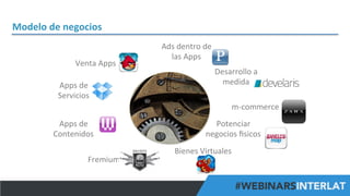 Modelo	
  de	
  negocios	
  
Venta	
  Apps	
  
Apps	
  de	
  
Servicios	
  

Ads	
  dentro	
  de	
  
las	
  Apps	
  
Desarrollo	
  a	
  
medida	
  	
  
m-­‐commerce	
  

Apps	
  de	
  
Contenidos	
  
Fremium	
  

Potenciar	
  
negocios	
  ﬁsicos	
  
Bienes	
  Virtuales	
  

#FormaciónEBusiness

 