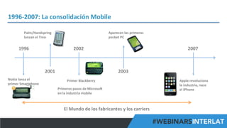 1996-­‐2007:	
  La	
  consolidación	
  Mobile	
  
Palm/Handspring	
  
lanzan	
  el	
  Treo	
  

1996	
  

Aparecen	
  las	
  primeras	
  	
  
pocket	
  PC	
  

2002	
  

2001	
  
Nokia	
  lanza	
  el	
  	
  
primer	
  Smartphone	
  	
  

2007	
  

2003	
  
Primer	
  Blackberry	
  	
  
Primeros	
  pasos	
  de	
  MicrosoH	
  
en	
  la	
  industria	
  mobile	
  

Apple	
  revoluciona	
  	
  
la	
  industria,	
  nace	
  	
  
el	
  iPhone	
  

El	
  Mundo	
  de	
  los	
  fabricantes	
  y	
  los	
  carriers	
  
#FormaciónEBusiness

 