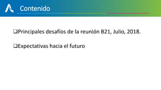 Contenido
Principales desafíos de la reunión B21, Julio, 2018.
Expectativas hacia el futuro
 