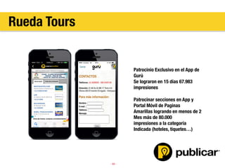 - 60 -
Patrocinio Exclusivo en el App de
Gurú
Se lograron en 15 días 67.983
impresiones

Patrocinar secciones en App y 
Portal Móvil de Paginas
Amarillas logrando en menos de 2
Mes más de 80.000
impresiones a la categoría
Indicada (hoteles, tiquetes…)

Rueda Tours
 