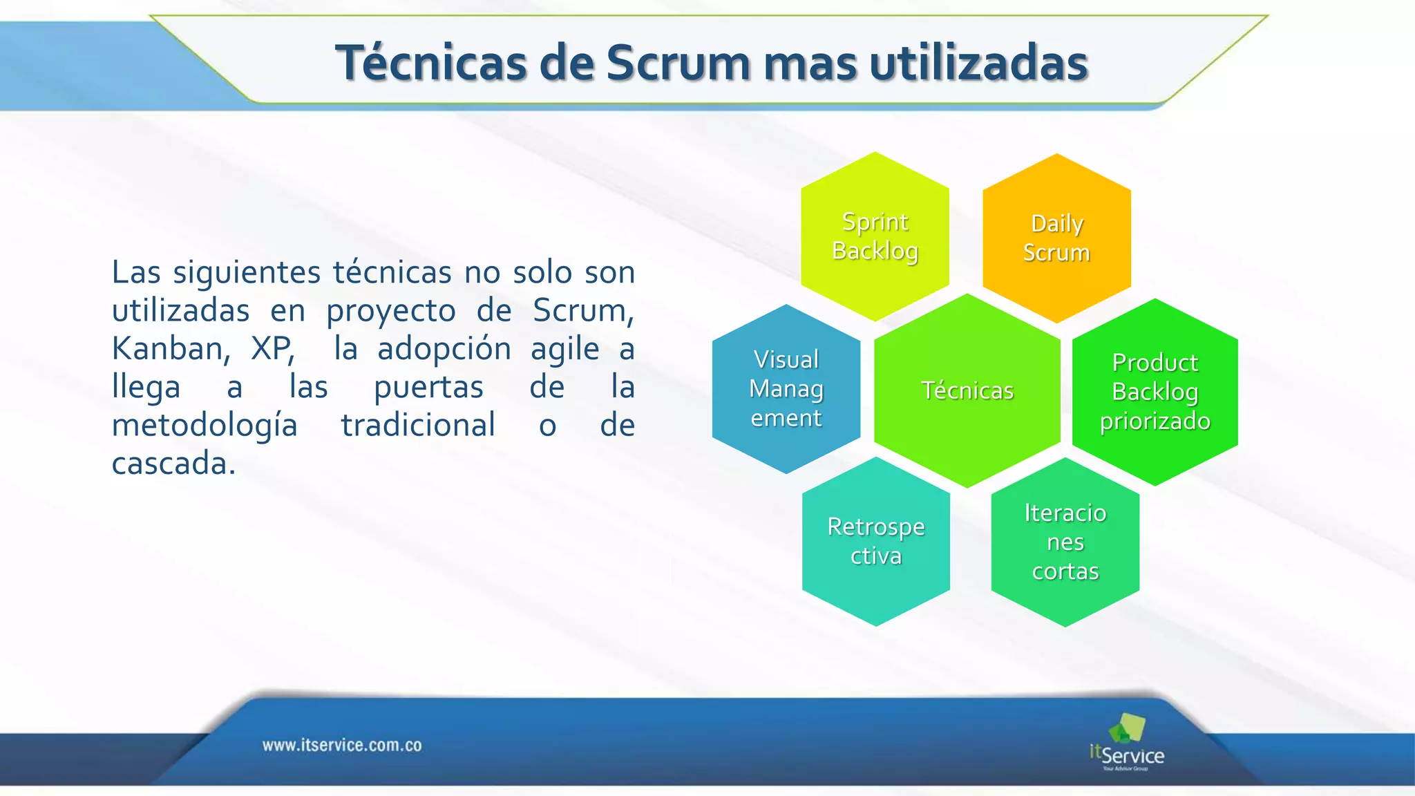 Daily
Scrum
Sprint
Backlog
Técnicas
Product
Backlog
priorizado
Iteracio
nes
cortas
Retrospe
ctiva
Visual
Manag
ement
Las siguientes técnicas no solo son
utilizadas en proyecto de Scrum,
Kanban, XP, la adopción agile a
llega a las puertas de la
metodología tradicional o de
cascada.
Técnicas de Scrum mas utilizadas
 