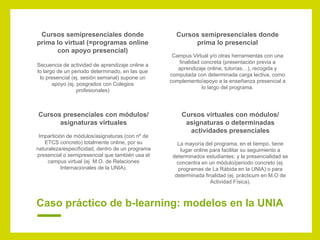 Caso práctico de b-learning: modelos en la UNIA
Cursos semipresenciales donde
prima lo presencial
Campus Virtual y/o otras herramientas con una
finalidad concreta (presentación previa a
aprendizaje online, tutorías…), recogida y
computada con determinada carga lectiva, como
complemento/apoyo a la enseñanza presencial a
lo largo del programa.
Cursos semipresenciales donde
prima lo virtual (=programas online
con apoyo presencial)
Secuencia de actividad de aprendizaje online a
lo largo de un periodo determinado, en las que
lo presencial (ej. sesión semanal) supone un
apoyo (ej. posgrados con Colegios
profesionales)
Cursos presenciales con módulos/
asignaturas virtuales
Impartición de módulos/asignaturas (con nº de
ETCS concreto) totalmente online, por su
naturaleza/especificidad, dentro de un programa
presencial o semipresencial que también usa el
campus virtual (ej. M.O. de Relaciones
Internacionales de la UNIA).
Cursos virtuales con módulos/
asignaturas o determinadas
actividades presenciales
La mayoría del programa, en el tiempo, tiene
lugar online para facilitar su seguimiento a
determinados estudiantes; y la presencialidad se
concentra en un módulo/periodo concreto (ej.
programas de La Rábida en la UNIA) o para
determinada finalidad (ej. prácticum en M.O de
Actividad Física).
 
