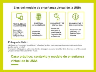 Caso práctico: contexto y modelo de enseñanza
virtual de la UNIA
Ejes del modelo de enseñanza virtual de la UNIA
TECNOLOGÍAS Y
HERRAMIENTAS
DIDÁCTICO-
METODOLÓGICO
FORMATIVO Y DE
APOYO/ GUÍA
ORGANIZATIVO Y
PROCEDIMENTAL
Enfoque holístico
¡No basta con innovación tecnológica ni educativa, también los procesos y otros aspectos organizativos
pueden sumar o restar!
Implicación del equipo de gobierno y distintas áreas para asegurar la calidad de la docencia en la Universidad
y la coherencia entre sus distintos títulos.
Innovación
tecnológica y
mejoras de
campus virtual
Innovación
didáctica y
metodológica
Innovación
educativa al
servicio de la
formación del
profesorado
Innovación en
gestión y en
comunicación
interna
 
