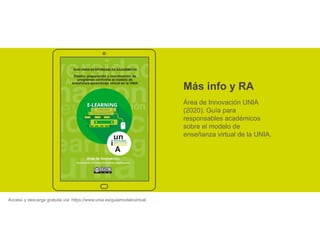 Más info y RA
Área de Innovación UNIA
(2020). Guía para
responsables académicos
sobre el modelo de
enseñanza virtual de la UNIA.
Acceso y descarga gratuita vía: https://www.unia.es/guiamodelovirtual
 