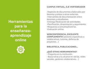 CAMPUS VIRTUAL, EJE VERTEBRADOR
-Depósito de documentos elaborados por
docente y enlace a otros externos.
-Intercambio de documentación entre
docentes y estudiantes.
-Entrega/ Realización de actividades.
-Planiﬁcación, dinamización y seguimiento.
-Respuesta a consultas/tutorías.
-Evaluación online.
WEBCONFERENCIA, EXCELENTE
COMPLEMENTO (sesiones expositivas o
colaborativas, tutorías, defensa de
proyectos…)
BIBLIOTECA, PUBLICACIONES...
¿QUÉ OTRAS HERRAMIENTAS?
- Pregunta en tu institución.
- Busca otras a tu alcance en red (ej. redes
sociales, gestores colaborativos…)
Herramientas
para la
enseñanza-
aprendizaje
online
 