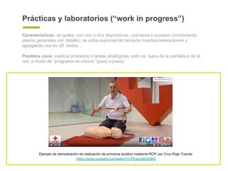 Prácticas y laboratorios (“work in progress”)
Características: se graba, con uno o dos dispositivos, una tarea o proceso (...