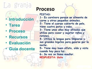 Proceso  Introducción Tarea Proceso Recursos Evaluación Guía docente PISTAS: 1-  Es carnívoro porque se alimenta de carne y otros pequeños animales. 2-  Tiene el cuerpo cubierto de pelo, tiene cuatro patas y rabo.  3-  Tiene unas uñas muy afiladas que utiliza para cazar y sujetar ratas y ratones. 4-  Utiliza la lengua para limpiarse y sus grandes bigotes para guiarse por la noche.  5-  Tiene muy buen olfato, oído y vista cuando hay poca luz. 6-  Su voz se llama maullar. RESPUESTA: Gato                         