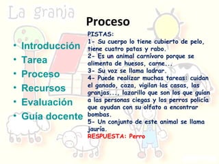 Proceso  Introducción Tarea Proceso Recursos Evaluación Guía docente PISTAS: 1-  Su cuerpo lo tiene cubierto de pelo, tiene cuatro patas y rabo.  2- Es  un  animal carnívoro porque se alimenta de huesos, carne... 3-  Su voz se llama ladrar. 4-  Puede realizar muchas tareas: cuidan el ganado, caza, vigilan las casas, las granjas..., lazarillo que son los que guían a las personas ciegas y los perros policía que ayudan con su olfato a encontrar bombas. 5-  Un conjunto de este animal se llama jauría. RESPUESTA: Perro 