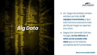#eCommerceAMCHAMDR
Big Data
● Un hogar de Estados Unidos
existían ya más de 10
equipos conectados y que
este número crecerá a más
de 50 por hogar en apenas
tres años.
● Según Eric Schmidt, CEO de
Google, en los últimos 2
años se ha creado más
data que en la historia
completa de la humanidad.
 