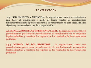 4.5 VERIFICACIÓN
4.5.1 SEGUIMIENTO Y MEDICIÓN. La organización cuenta procedimientos
para hacer el seguimiento y medir de forma regular las características
fundamentales de sus operaciones pero la documentación no está adecuada a los
objetivos y metas ambientales de la organización.
4.5.2 EVALUACIÓN DEL CUMPLIMIENTO LEGAL. La organización cuenta con
procedimientos para evaluar periódicamente el cumplimiento de los requisitos
legales aplicables y mantiene los registros de los resultados de las evaluaciones
periódicas

4.5.4 CONTROL DE LOS REGISTROS.
La organización cuenta con
procedimientos para evaluar periódicamente el cumplimiento de los requisitos
legales aplicables y mantiene los registros de los resultados de las evaluaciones
periódicas

 