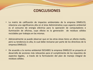 CONCLUSIONES
• La matriz de calificación de impactos ambientales de la empresa DIMELCO,
relaciona una significancia alta en el área Administrativa cuyo aspecto ambiental
es el consumo de energía eléctrica para la operación de computadores e
iluminación de oficinas, cuyo efecto es la generación de residuos sólidos
reciclables por trabajos en las mismas.
• Adicionalmente se puede observar que en las otras áreas tiene un efecto medio,
pero su tendencia es alta, lo cual debe revisarse por parte de los directivos de la
empresa DIMELCO.
• De acuerdo a la norma ambiental ISO14001 la empresa DIMELCO se proyecta al
desarrollo de acciones más relevantes para el cumplimiento de los requisitos de
aspectos legales, a través de la formulación del plan de manejo integral de
residuos sólidos.

 