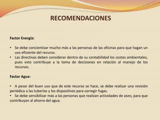 RECOMENDACIONES
Factor Energía:
• Se debe concientizar mucho más a las personas de las oficinas para que hagan un
uso eficiente del recurso.
• Las directivas deben considerar dentro de su contabilidad los costos ambientales,
pues esto contribuye a la toma de decisiones en relación al manejo de los
recursos.
Factor Agua:
• A pesar del buen uso que de este recurso se hace, se debe realizar una revisión
periódica a las tuberías y los dispositivos para corregir fugas.
• Se debe sensibilizar más a las personas que realizan actividades de aseo, para que
contribuyan al ahorro del agua.

 
