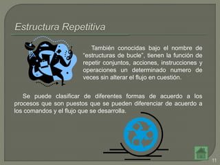 También conocidas bajo el nombre de
“estructuras de bucle”, tienen la función de
repetir conjuntos, acciones, instrucciones y
operaciones un determinado numero de
veces sin alterar el flujo en cuestión.
Se puede clasificar de diferentes formas de acuerdo a los
procesos que son puestos que se pueden diferenciar de acuerdo a
los comandos y el flujo que se desarrolla.
11
 