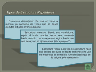 Estructura desde/para: Se usa en base al
numero ya conocido de veces que se desea
ejecutar el bucle. (Ver ejemplo 6)
Estructura mientras: Siendo una condicional,
repite el bucle cuantas veces sea necesaria
hasta cumplir con la expresión lógica hasta que
sea falsa y no se ejecute mas. (Ver ejemplo 7)
Estructura repita: Este tipo de estructura hace
que el ciclo del bucle se repita al menos una vez
de modo que se cumpla la función lógica que se
le asigne. (Ver ejemplo 8)
12
 