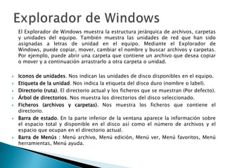 Explorador de Windows	El Explorador de Windows muestra la estructura jerárquica de archivos, carpetas y unidades del equipo. También muestra las unidades de red que han sido asignadas a letras de unidad en el equipo. Mediante el Explorador de Windows, puede copiar, mover, cambiar el nombre y buscar archivos y carpetas. Por ejemplo, puede abrir una carpeta que contiene un archivo que desea copiar o mover y a continuación arrastrarlo a otra carpeta o unidad.Iconos de unidades. Nos indican las unidades de disco disponibles en el equipo.Etiqueta de la unidad. Nos indica la etiqueta del disco duro (nombre o label).Directorio (ruta). El directorio actual y los ficheros que se muestran (Por defecto).Árbol de directorios. Nos muestra los directorios del disco seleccionado. Ficheros (archivos y carpetas). Nos muestra los ficheros que contiene el directorio. Barra de estado. En la parte inferior de la ventana aparece la información sobre el espacio total y disponible en el disco así como el número de archivos y el espacio que ocupan en el directorio actual.Barra de Menús : Menú archivo, Menú edición, Menú ver, Menú favoritos, Menú herramientas, Menú ayuda.