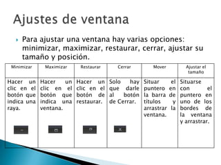 Para ajustar una ventana hay varias opciones: minimizar, maximizar, restaurar, cerrar, ajustar su tamaño y posición.Ajustes de ventana