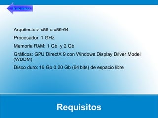 Ir ao inicio




Arquitectura x86 o x86-64
Procesador: 1 GHz
Memoria RAM: 1 Gb y 2 Gb
Gráficos: GPU DirectX 9 con Windows Display Driver Model
(WDDM)
Disco duro: 16 Gb 0 20 Gb (64 bits) de espacio libre




                    Requisitos
 