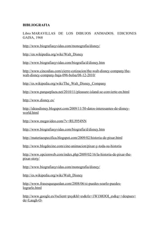 BIBLIOGRAFIA

Libro MARAVILLAS DE LOS DIBUJOS ANIMADOS. EDICIONES
GAISA, 1968

http://www.biografiasyvidas.com/monografia/disney/

http://en.wikipedia.org/wiki/Walt_Disney

http://www.biografiasyvidas.com/biografia/d/disney.htm

http://www.cincodias.com/cierre-cotizacion/the-walt-disney-company/the-
walt-disney-company-baja-096-bolsa/08-12-2010/

http://es.wikipedia.org/wiki/The_Walt_Disney_Company

http://www.parqueplaza.net/2010/11/pleasure-island-se-convierte-en.html

http://www.disney.es/

http://ideasdisney.blogspot.com/2009/11/50-datos-interesantes-de-disney-
world.html

http://www.megavideo.com/?v=RUJ954NN

http://www.biografiasyvidas.com/biografia/d/disney.htm

http://materiaespecifica.blogspot.com/2009/02/historia-de-pixar.html

http://www.blogdecine.com/cine-animacion/pixar-y-toda-su-historia

http://www.opcionweb.com/index.php/2009/02/16/la-historia-de-pixar-the-
pixar-story/

http://www.biografiasyvidas.com/monografia/disney/

http://es.wikipedia.org/wiki/Walt_Disney

http://www.frasesquequedan.com/2008/06/si-puedes-soarlo-puedes-
lograrlo.html

http://www.google.es/#sclient=psy&hl=es&rlz=1W1MOOI_es&q=+despues+
de+Laugh-O-
 