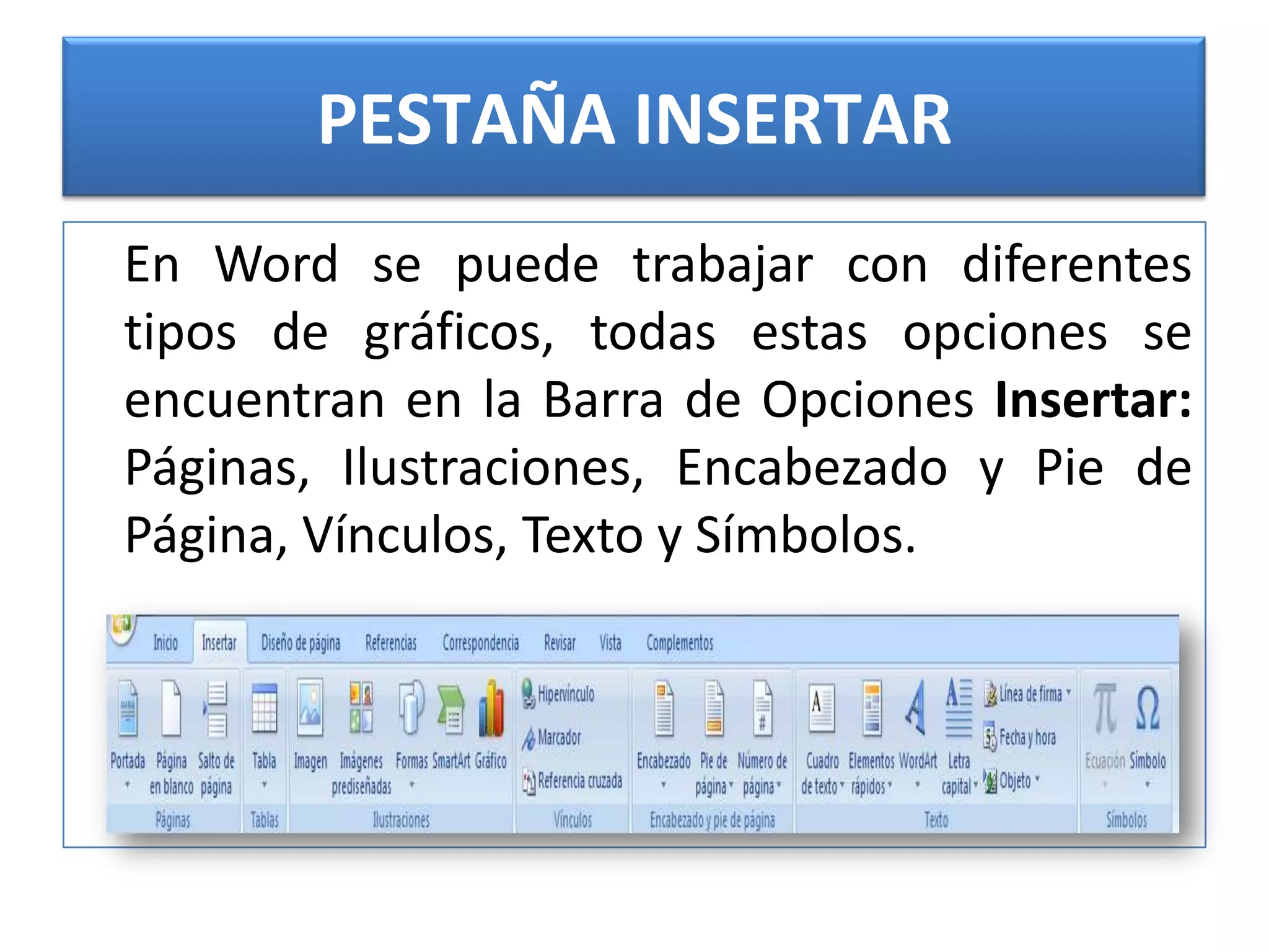 PESTAÑA INSERTAR 	En Word se puede trabajar con diferentes tipos de gráficos, todas estas opciones se encuentran en la Barra de Opciones Insertar: Páginas, Ilustraciones, Encabezado y Pie de Página, Vínculos, Texto y Símbolos.
