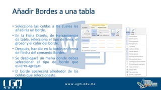 Añadir Bordes a una tabla
• Selecciona las celdas a las cuales les
añadirás un borde.
• En la Ficha Diseño, de Herramientas
de tabla, selecciona el tipo de línea, el
grosor y el color del borde.
• Después, haz clic en la botón en forma
de flecha del comando Bordes.
• Se desplegará un menú donde debes
seleccionar el tipo de borde que
quieres agregar.
• El borde aparecerá alrededor de las
celdas que seleccionaste.
 