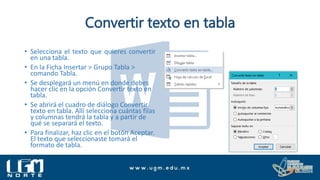 Convertir texto en tabla
• Selecciona el texto que quieres convertir
en una tabla.
• En la Ficha Insertar > Grupo Tabla >
comando Tabla.
• Se desplegará un menú en donde debes
hacer clic en la opción Convertir texto en
tabla.
• Se abrirá el cuadro de diálogo Convertir
texto en tabla. Allí selecciona cuántas filas
y columnas tendrá la tabla y a partir de
qué se separará el texto.
• Para finalizar, haz clic en el botón Aceptar.
El texto que seleccionaste tomará el
formato de tabla.
 