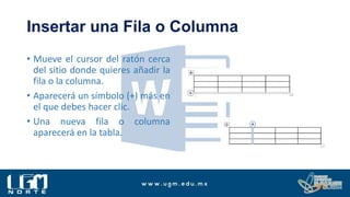 Insertar una Fila o Columna
• Mueve el cursor del ratón cerca
del sitio donde quieres añadir la
fila o la columna.
• Aparecerá un símbolo (+) más en
el que debes hacer clic.
• Una nueva fila o columna
aparecerá en la tabla.
 