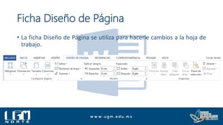 Ficha Diseño de Página
• La ficha Diseño de Página se utiliza para hacerle cambios a la hoja de
trabajo.
 