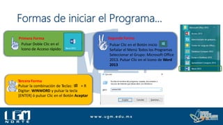 Primera Forma
Pulsar Doble Clic en el
Icono de Acceso rápido:
Tercera Forma
Pulsar la combinación de Teclas:  + R
Digitar: WINWORD y pulsar la tecla
[ENTER] ó pulsar Clic en el Botón Aceptar
Segunda Forma
Pulsar Clic en el Botón inicio
Señalar el Menú Todos los Programas
Seleccionar el Grupo: Microsoft Office
2013. Pulsar Clic en el Icono de Word
2013
Formas de iniciar el Programa…
 