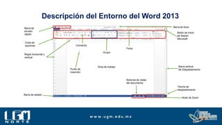 Descripción del Entorno del Word 2013
Barra de tituloBarra de
acceso
rápido
Botón de Inicio
de Sesión
Microsoft
Ficha
Cinta de
opciones
Regla horizontal y
vertical
Barra vertical
de Desplazamiento
Grupo
Punto de
inserción
Flecha de
desplazamiento
Área de trabajo
Barra de estado
Botones de vistas
del documento
Nivel de Zoom
Comando
 