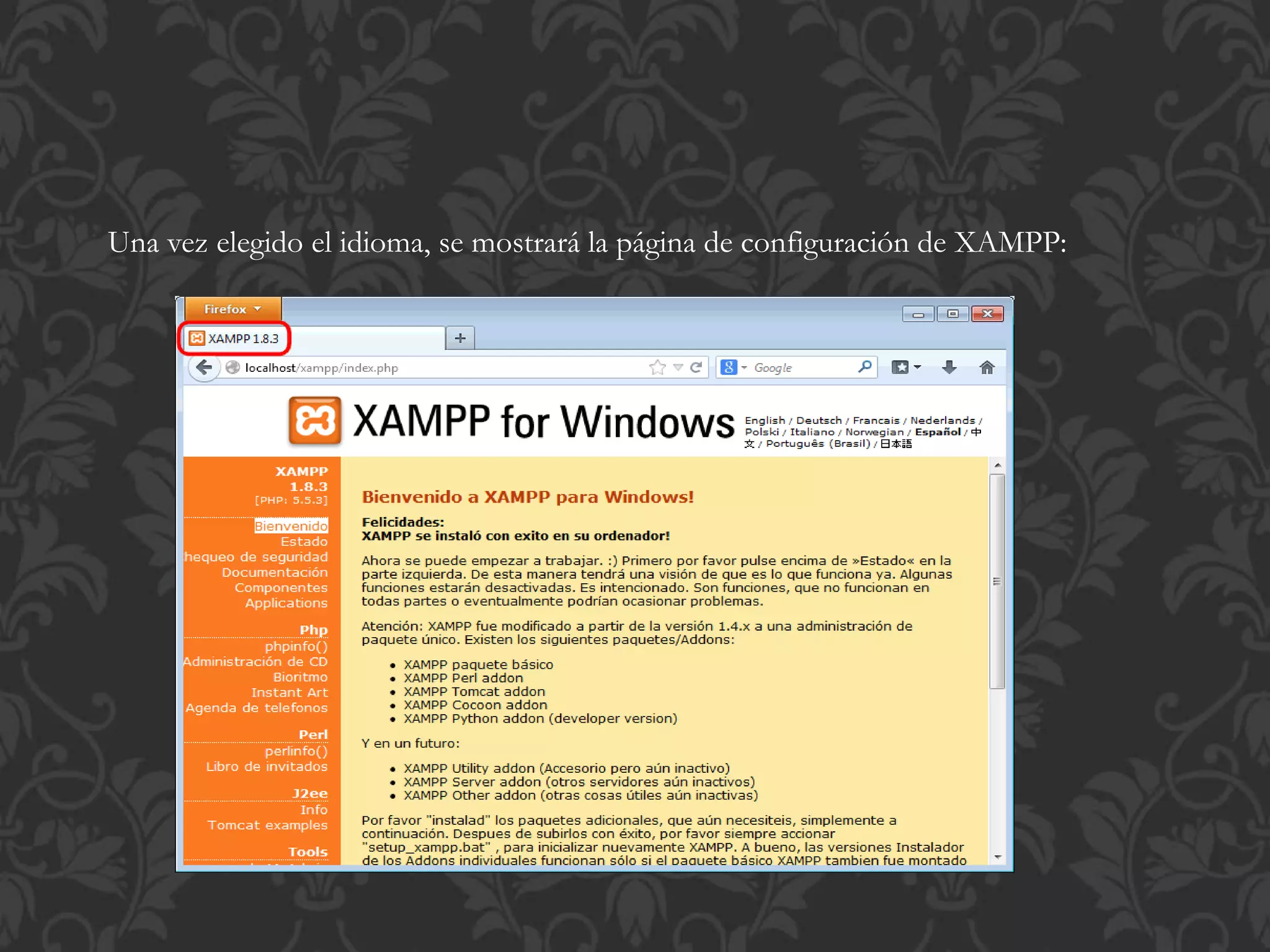 Una vez elegido el idioma, se mostrará la página de configuración de XAMPP:
 
