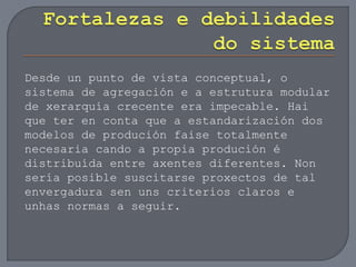 Desde un punto de vista conceptual, o
sistema de agregación e a estrutura modular
de xerarquía crecente era impecable. Hai
que ter en conta que a estandarización dos
modelos de produción faise totalmente
necesaria cando a propia produción é
distribuída entre axentes diferentes. Non
sería posible suscitarse proxectos de tal
envergadura sen uns criterios claros e
unhas normas a seguir.
 