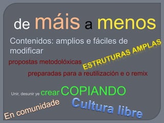 de máis a menos
Contenidos: amplios e fáciles de
modificar
propostas metodolóxicas
preparadas para a reutilización e o remix
Unir, desunir ye crearCOPIANDO
 