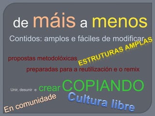 de máis a menos
Contidos: amplos e fáciles de modificar
propostas metodolóxicas
preparadas para a reutilización e o remix
Unir, desunir e crearCOPIANDO
 