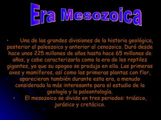 Era Mesozoica Una de las grandes divisiones de la historia geológica, posterior al paleozoico y anterior al cenozoico. Duró desde hace unos 225 millones de años hasta hace 65 millones de años, y cabe caracterizarla como la era de los reptiles gigantes, ya que su apogeo se produjo en ella. Las primeras aves y mamíferos, así como las primeras plantas con flor, aparecieron también durante esta era, a menudo considerada la más interesante para el estudio de la geología y la paleontología. El mesozoico se divide en tres periodos: triásico, jurásico y cretácico. 