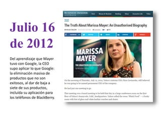 Julio 16
de 2012
Del aprendizaje que Mayer
tuvo con Google, la CEO
supo aplicar lo que Google:
la eliminación masiva de
productos que no son
exitosos, al dar de baja a
siete de sus productos,
incluída su aplicación para
los teléfonos de BlackBerry.
 
