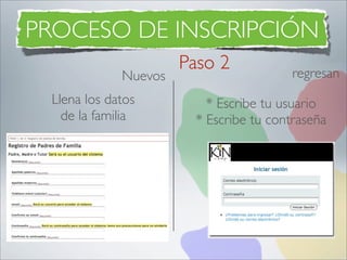 PROCESO DE INSCRIPCIÓN
                      Paso 2           regresan
             Nuevos
 Llena los datos         * Escribe tu usuario
   de la familia       * Escribe tu contraseña
 