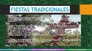 • Parranda de San Juan:
• También conocida como Bailes de Tambor. La festividad de San Juan Bautista es una tradición de origen
africano que nace en la esclavitud. Se cree que los esclavos gozaban de una liberación temporal en la que
se les permitía dejar el trabajo para cantar y bailar. En este día expresaban ritos agrarios en honor a San
Juan Bautista.
• Los actos son organizados cada 23 de junio por los Padrinos o Parranderos, quienes se encargan de la
ceremonia. Se prepara el altar adornado con flores y al Santo lo colocan en un rincón cubierto con una
sábana. Tamboreros, cantantes y bailadores se congregan frente al altar, entonan una sirena y comienzan a
repicar los tambores. El primer bailarín toma al Santo y a golpe de sangueo sale la procesión a la calle, de
allí se dirigen a una casa en especial y, ya en ella, los cumacos y tambores repican y los cantantes entonan
un luango. El baile como tal se caracteriza por sus movimientos violentos de cintura, pasos cortos y giros
rápidos. Al amanecer, la parranda se traslada al río, para así rememorar el ritual primitivo que invoca el
beneficio de las lluvias. Allí los participantes se bañan con San Juan y así las aguas quedan benditas. Luego
regresan a la iglesia y cuando el Santo atraviesa la puerta de ésta, cesan los tambores y comienza la misa.
• Se celebra en Agua Negra, Farriar, Palma rejo, El Chivo, Taría, Marín y Albarico, y a veces se da un hecho
singular como lo es la "Pelea de los Santos", que se produce cuando dos comunidades diferentes se
encuentran casualmente en el transcurso de una procesión.
Yaracuy Lucrecia Barbaran Fiestas tradicionales
 