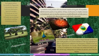 Soy la gigante palmera
Con nombre de Chaguarama,
Como penachos, mi rama
Se eleva por donde quiera.
Aquí soy la mensajera
De Yaracuy que me envía;
Protesto la acción impía
Del hombre que nos destruye,
Su indolencia contribuye
A destruirnos cada día.
La bandera del estado Yaracuy fué creada por Amparo Katiuska Garrido Rivas
quien resultó ganadora en el concurso realizado en el año 1994 auspiciado por el
gobierno regional para la exaltación en los yaracuyanos y residentes el amor por
la región, conjuntamente con el escudo y el himno simbolizará la yaracuyanidad
en todas sus manifestaciones. Fué decretada como símbolo del estado el 14 de
Enero del año 1995, instituyéndose el 19 de Marzo de cada año, como el Día de la
Bandera.
La medicina rural, producto del conocimiento empírico de la gente de los pueblos,
definitivamente puede ser muy efectiva. Se basa con frecuencia en simples creencias
sin fundamento, pero en muchas ocasiones es considerablemente acertada, pues es
producto de la observación en un medio hostíl y desasistido
Yaracuy Lucrecia Barbaran Simbolos Patrios
 