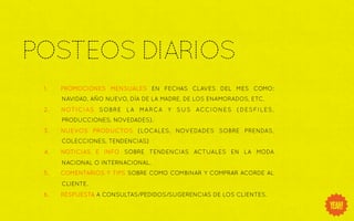 POSTEOS DIARIOS
 1.    PROMOCIONES MENSUALES EN FECHAS CLAVES DEL MES COMO:
       NAVIDAD, AÑO NUEVO, DÍA DE LA MADRE, DE LOS ENAMORADOS, ETC.
 2.    NOT I C I AS S OB R E L A MA R CA Y S U S ACC I ON E S ( D E S F I L E S ,
       PRODUCCIONES, NOVEDADES).
 3.    NUEVOS PRODUCTOS (LOCALES, NOVEDADES SOBRE PRENDAS,
       COLECCIONES, TENDENCIAS)
 4.    NOTICIAS E INFO SOBRE TENDENCIAS ACTUALES EN LA MODA
       NACIONAL O INTERNACIONAL.
 5.    COMENTARIOS Y TIPS SOBRE COMO COMBINAR Y COMPRAR ACORDE AL
       CLIENTE.
 6.    RESPUESTA A CONSULTAS/PEDIDOS/SUGERENCIAS DE LOS CLIENTES.	
  
 