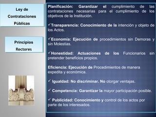 Planificación: Garantizar el cumplimiento de las
   Ley de
    Ley de       contrataciones necesarias para el cumplimiento de los
Contrataciones
Contrataciones   objetivos de la Institución.
  Públicas
  Públicas       Transparencia: Conocimiento de la intención y objeto de
                 los Actos.

                 Economía: Ejecución de procedimientos sin Demoras y
   Principios
   Principios    sin Molestias.
   Rectores
    Rectores
                 Honestidad: Actuaciones        de   los   Funcionarios   sin
                 pretender beneficios propios.

                 Eficiencia: Ejecución de Procedimientos de manera
                 expedita y económica.

                  Igualdad: No discriminar. No otorgar ventajas.

                  Competencia: Garantizar la mayor participación posible.

                  Publicidad: Conocimiento y control de los actos por
                 parte de los interesados.
 